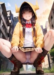 1girls ai_generated cameltoe character_request crazy_girl female groin heaven_burns_red hi_res hoodie horn karen_asakura nai_diffusion original school_uniform sharp_teeth skirt smile smiling_at_viewer spread_legs squatting stable_diffusion upskirt white_panties