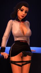 3d big_breasts bioshock bioshock_infinite black_hair blue_eyes breasts busty darklulbird elizabeth_comstock eyeshadow female female_focus female_only hourglass_figure large_breasts lipstick long_hair makeup pinup pinup_pose standing strap-on tagme wide_hips