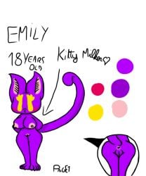 accidentally_attractive anthrofied anus arms_behind_back big_breasts blush cat_ears cat_tail catgirl character_name claws color_palette description emily_the_cat_(itsapurplecat) emotionless_female exceed exceed_(fairy_tail) eyelashes feline female_only furry_only itsapurplecat kitty_milker long_tail muted_female oc original original_character purple_body purple_fur pussy white_background yellow_eyes