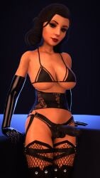 3d big_breasts bioshock bioshock_infinite black_hair blue_eyes breasts busty darklulbird elizabeth_comstock eyeshadow female female_focus female_only hourglass_figure large_breasts lipstick long_hair makeup pinup pinup_pose standing strap-on tagme wide_hips