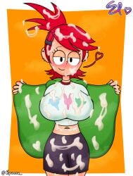 1girls absurd_res artist_name artist_signature blush blush cartoon_network cum cum_on_body cum_on_breasts cum_on_chest cum_on_chin cum_on_clothes cum_on_clothing cum_on_face cum_on_hair cum_on_hand cum_on_lower_body cum_on_shirt cum_on_shorts cum_on_thighs cum_on_upper_body female female_focus female_only foster's_home_for_imaginary_friends frankie_foster hair_tie heart looking_at_viewer open_mouth open_mouth open_shirt opening_shirt orange_background pinup ponytail red_hair shirt shorts spunow_ sweat sweating sweaty sweaty_face white_shirt