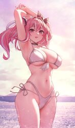 1girls armpit arms_up azur_lane beach big_breasts breasts bremerton_(azur_lane) hartman_hips legs light-skinned_female light_skin looking_at_viewer midriff navel pink_eyes pink_hair sea solar_(happymonk) stomach sunset swimsuit thick_thighs thighs tongue tongue_out water white_swimsuit