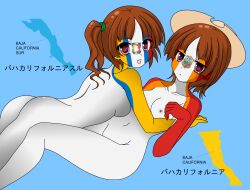 2girls anime_style ass baja_california_(statehumans) baja_california_sur_(statehumans) countryhumans countryhumans_girl female female_only hat japanese_text light_blue_background mexico multicolored_body multicolored_skin multiple_girls pink_eyes quetzalcóatl_(artist) short_hair simple_background sisters spanish_text statehumans statehumans_girl text yuri