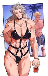 1boy 1girls abs bdsm_gear beach beefy blonde_hair blue_eyes breasts canon_couple cleavage dorohedoro earrings jewelry large_breasts looking_at_viewer muscular muscular_female muscular_male navel necklace noi_(dorohedoro) ongjolpark open_mouth outdoors park_ongjol pinup red_eyes shin_(dorohedoro) simple_background smile swimsuit white_hair