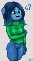 1girls anthro blue_blody blue_body blue_eyes blue_hair blue_skin blush bottomless cute cute_face dreamworks female female_only krysher looking_back looking_back_at_viewer oblivious pussy ruby_gillman ruby_gillman,_teenage_kraken short_hair smile solo_female squid squid_girl sweater teal_eyes vagina