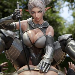 3d athletic blue_eyes chaotic_lewd cowgirl_position dark_elf dark_elf_blader deadly_sex elf elf_ears female female_protagonist femdom forest_background killing_during_sex pointy_ears self_upload skimpy_armor spartan unconvincing_armor watermark white_hair