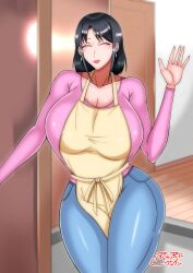 1girls apron apron_between_breasts black_hair closed_eyes curvaceous curvy earrings greeting huge_breasts mature_female milf open_mouth original plump puni2brain skimpy skimpy_clothes thick_thighs tight_clothing voluptuous waving waving_at_viewer