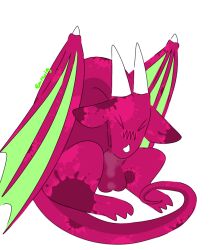 anthro balls dragon earwiggy genitals green_wings horn male pink_body pink_scales scales solo solo_focus white_horn wings