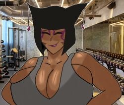 1girls 2d black_hair bob_cut cash_mummy cat_ears cat_girl dark-skinned_female earrings egyptian facepaint female female_only final_fantasy final_fantasy_xiv gym huge_breasts hyper hyper_breasts miqo'te mole_under_eye original_character purple_lipstick smiling sports_bra square_enix sweat sweaty sweaty_breasts tagme weaponizedpornography