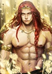 1boy abs bishonen dilf elden_ring fromsoftware light-skinned_male long_hair long_hair_male looking_at_viewer male male_only muscular painting_(artwork) radagon_of_the_golden_order red_hair solo topless tumitumico