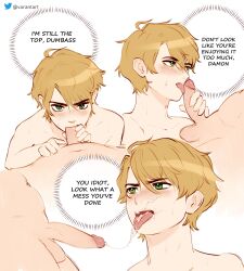 blonde_hair blowjob cum danganronpa dick ejaculation fanganronpa licking licking_penis maitsu_damon male male/male penis project:_eden's_garden saliva sperm straight_hair sucking sucking_penis swallowing_cum tozu tsundere varantart yaoi