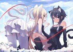 2girls animal_ear_fluff animal_ears black_hair black_socks cat_ears cat_girl cat_tail cloud cloudy_sky day embarrassed falling_petals female female_only field flower flower_field gradient_hair grey_eyes hair_between_eyes kamonegi_(meisou1998) kneehighs long_hair multicolored_hair multiple_girls original outdoors pet_play petals red_eyes short_hair_with_long_locks sitting sky socks tail thighhighs very_long_hair white_hair white_socks yuri