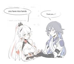 2girls english english_text female female_focus female_only fu_hua fu_hua_(azure_empyrea) grey_hair honkai_(series) honkai_impact_3rd horny horny_female kiana_kaslana kiana_kaslana_(herrscher_of_flamescion) maiqo meme romantic romantic_couple tagme white_hair yuri