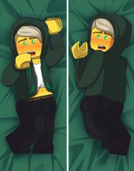 alternate_version_available blush blush_lines blushing_at_viewer bobateapenguin daki fully_clothed green_eyes laying_down laying_on_bed lego lego_anatomy lloyd_garmadon male male_only ninjago sfw the_lego_ninjago_movie trinaofdoom white_hair