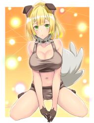 1girls blonde_hair bra breasts brown_bra brown_panties cosplay dog_ears dog_tail fake_animal_ears fake_tail gloves green_eyes large_breasts lillie_(pokemon) looking_at_viewer midriff navel nintendo panties pokemon pokemon_(cosplay) pokemon_sm ponytail rockruff rockruff_(cosplay) takecha wariza