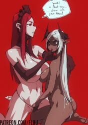 2girls completely_nude demon demon_girl demon_horns flou nipples original original_character panties panties_only pussy pussy_fingering rinn_(flou) stella_(flou) yuri