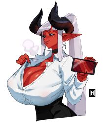 1girls aqua_eyes areolae big_breasts black_sclera choker cleavage demon demon_girl demon_horns female female_only hi_res horns huge_breasts long_hair looking_at_viewer lyla_(thehelmetguy) nipples office_lady open_shirt phone phone_screen pointy_ears portrait red_skin showing_phone slit_pupils smiling smiling_at_viewer solo thehelmetguy white_background white_hair