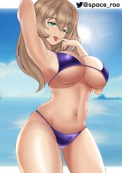 1girls bedroom_eyes big_breasts bikini bikini_bottom bikini_top breasts brown_hair cleavage female female_only genshin_impact green_eyes hair hand_behind_head hips huge_breasts large_breasts lisa_(genshin_impact) mature mature_female mature_woman navel posing purple_bikini seaside solo solo_female space_roo swimwear thick_thighs thighs tongue tongue_out twitter_username