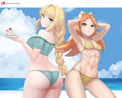 2girls abs absurdres alternate_costume armpits ass ass_cleavage back back_view bare_shoulders big_ass bikini blonde_hair bow braid braided_ponytail breasts butt_crack cake cake_slice cleavage cloud cloudy_sky cowboy_shot day eating english_commentary etie_(fire_emblem) female female_only fire_emblem fire_emblem:_three_houses fire_emblem_engage fire_emblem_heroes food green_bikini green_eyes green_swimsuit hair_bow hands_on_own_head hayato_stuff highres holding holding_plate human ingrid_brandl_galatea ingrid_brandl_galatea_(summer) long_hair looking_at_viewer looking_back medium_breasts multiple_girls muscular muscular_female navel nintendo ocean off-shoulder_bikini off_shoulder official_alternate_costume orange_hair outdoors plate pose sky small_breasts smile strawberry_shortcake_(food) string_bikini swimsuit thick_thighs thighs underboob very_long_hair yellow_bikini yellow_swimsuit