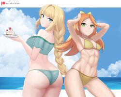 2girls abs absurdres alternate_costume armpits ass ass_cleavage back back_view bare_shoulders big_ass bikini blonde_hair bow braid braided_ponytail breasts butt_crack cake cake_slice cleavage cloud cloudy_sky cowboy_shot day eating english_commentary etie_(fire_emblem) female female_only fire_emblem fire_emblem:_three_houses fire_emblem_engage fire_emblem_heroes food green_bikini green_eyes green_swimsuit hair_bow hands_on_own_head hayato_stuff highres holding holding_plate human ingrid_brandl_galatea ingrid_brandl_galatea_(summer) long_hair looking_at_viewer looking_back medium_breasts multiple_girls muscular muscular_female navel nintendo ocean off-shoulder_bikini off_shoulder official_alternate_costume orange_hair outdoors plate pose sky small_breasts smile strawberry_shortcake_(food) string_bikini swimsuit thick_thighs thighs tomboy toned toned_abs toned_female underboob very_long_hair yellow_bikini yellow_swimsuit