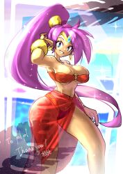 1girls beach bikini blue_eyes breasts earrings female female_only hoop_earrings large_breasts looking_at_viewer midriff navel necklace ocean odoro outside ponytail purple_hair red_bikini red_sarong red_swimsuit sarong shantae shantae_(character) solo swimsuit swimwear text thong tiara vambraces water wide_hips