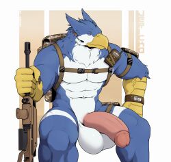 abs anthro avian balls beak biceps big_balls big_penis corrsk digital_media_(artwork) feathers genitals gryphon gun hi_res holding_object holding_weapon jericko_(germanshepherd69) male muscular muscular_anthro muscular_male mythological_avian mythology nude pecs penis ranged_weapon rifle simple_background solo weapon