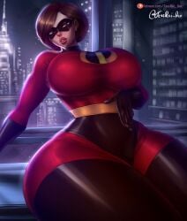 1girls bodysuit building busty curvy curvy_figure disney elastigirl eyemask female_only hand_on_belly helen_parr huge_breasts human human_only large_breasts looking_at_viewer mask outdoors outside pixar short_hair sitting smooth_skin solo solo_female superhero_costume superheroine tessreidex the_incredibles thick_thighs voluptuous wide_hips