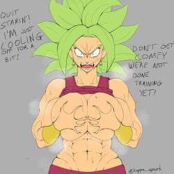 1girls abs big_breasts blue_eyes breasts dialogue dragon_ball dragon_ball_super dragon_ball_z eyebrows fusion grabbing_own_breast green_hair kappa_spark kefla large_breasts light-skinned_female light_skin looking_at_viewer muscles muscular muscular_female navel potara_earrings steam steaming_body sweat sweating talking_to_viewer text wide_hips