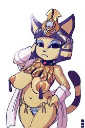 1girls animal_crossing ankha anthro big_breasts blue_eyeshadow breasts cat_ears cat_tail cosplay drawfag edit hand_on_head hand_on_hip headgear jewelry menace nintendo nipple_tassels panties pasties queen's_blade robes tagme tail tassels white_background