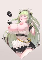 accidental_exposure antenna_hair apron arm_garter black_skirt blush breasts breasts_out bursting_breasts chest_strap cleavage detached_collar double_bun dress female flying_button garter_belt gloves goddess_of_victory:_nikke green_hair green_necktie hair_bun hair_ornament hairclip highres large_breasts long_hair maid maid_apron maid_headdress mop necktie nipples open_mouth puffy_nipples purple_eyes shoes short_necktie simple_background sitting skirt sleeveless sleeveless_dress soda_(nikke) solo thighhighs thighs user_xcnt3274 wardrobe_malfunction white_apron white_gloves white_thighhighs