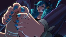 1boy 1girls blue_eyes blue_hair blue_nail_polish clothed drill_hair feet foot_fetish footjob gwen_(league_of_legends) hair_ornament league_of_legends looking_at_viewer looking_down mohoshadream penis string twin_drills