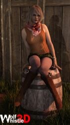 1girls 3d 3d_(artwork) ashley_graham ashley_graham_(ella_freya) barrel blonde_hair boots front_view miniskirt pinup resident_evil resident_evil_4 resident_evil_4_remake sitting skirt sweater wolfwhistle3d