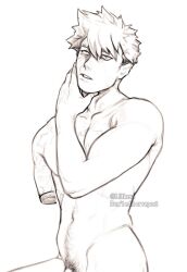 1boy amputee artist_request chest_hair collarbone completely_nude cowboy_shot greyscale hair_between_eyes hand_on_own_chin hand_up katsuki_bakugou keva_(liltkeva) male_focus male_pubic_hair monochrome my_hero_academia navel nude penis penis_peek pubic_hair scar scar_across_eye short_hair shounen_jump solo spoilers tagme teeth watermark