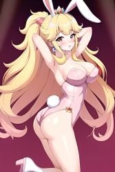 ai_generated blonde_hair bodysuit breasts brown_eyes bunny_ears bunnysuit cute high_heels mario_(series) pink_bunnysuit princess_peach white_bunny_ears