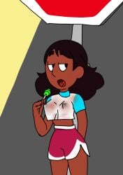 athletic_shorts big_breasts clothed clothing connie_maheswaran dark-skinned_female dark_skin dolphin_shorts indian indian_female lollipop nipples_visible_through_clothing open_mouth revealing_clothes see-through see-through_clothing see-through_top shorts solo solo_female sportswear standing steven_universe sunnie