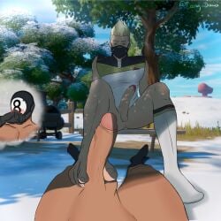 2boys 8-ball_(fortnite) amber_eyes balls barefoot big_penis blonde_hair bottomless dany_draws drift_(fortnite) feet foot_fetish foot_focus footjob fortnite gay large_penis male male/male male_only muscular muscular_male outdoors outside partially_clothed penis socks