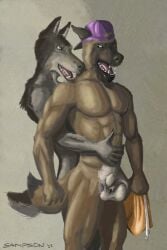 2023 5_fingers abs animal_genitalia anthro anthro_on_anthro asymmetrical_balls athletic athletic_anthro athletic_male backwards_baseball_cap backwards_hat ball_grab balls baseball_cap black_nose bottomwear brown_body brown_fur canid canine canis cara_(sampsonwoof) claws clothing digital_media_(artwork) domestic_dog duo ears_through_headwear english_text facial_hair fangs female finger_claws fingers fur genitals goatee hand_on_balls hand_on_stomach hat headgear headwear herding_dog holding_bottomwear holding_clothing holding_object holding_shorts humanoid_hands jacob_(sampsonwoof) male male/female malinois_dog mammal mostly_nude multicolored_body multicolored_fur muscular muscular_anthro muscular_male nipples nude open_mouth pastoral_dog pecs sampsonwoof sheath sheepdog shorts signature standing story story_in_description teeth text tongue wolf