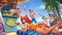 2boys 2girls alternate_costume angry animal_ears artemis_(hero_wars) ass bangs beach brown_hair cleaver_(hero_wars) female glasses hero_wars kai_(hero_wars) lian_(hero_wars) light_skin looking_at_viewer male medium_hair red_hair smile sunglasses swimsuit tail tan_skin teasing thigh_strap thighs white_hair