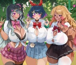 ! 3girls :3 :p accessory ahoge bare_thighs belly_chain big_breasts bikini_tan bikini_under_clothes black_bra black_choker black_panties black_skirt blonde_hair blue_hair blue_nails blue_skirt blush bra bra_visible_through_clothes bracelets breast_size_difference breast_squish breastless_bra breasts breasts_bigger_than_head button_gap button_pop buttoned_shirt choker clothed_female colored_inner_hair cunnilingus_gesture cute_fang dark-skinned_female dark_blue_hair dark_skin day daytime earrings enta_(nia) exposed_bra eyeshadow fake_nails female female_focus female_only fence front_heavy_breasts glasses gradient_hair grey_hair gwyn_(sait0moriyama) gyaru hair_clips hair_tie half-closed_eyes hand_gesture hand_on_hip heart hi_res highleg highleg_panties highleg_skirt hoop_earrings huge_breasts index_finger_raised inner_hair innuendo lace-trimmed_bra lace_bra lace_choker legwear light-skinned_female light_skin long_fingernail long_hair long_nails makeup massive_breasts medium_hair midriff mismatched_clothing mismatched_nail_polish mole_(marking) mole_on_breast multicolored_nails narrowed_eyes neck_ribbon neckwear nia_(nia4294) orange_bikini orange_panties original pink_eyes pink_ribbon pink_skirt plaid_skirt pleated_skirt purple_eyes purple_eyeshadow purple_fingernails purple_highlights purple_nails red_ribbon ribbon ring rolled_up_sleeves round_glasses school_uniform schoolgirl side-tie_bikini side-tie_panties side_ponytail skindentation skirt sleeves_rolled_up smiling spoken_heart startled strawberry_blonde_hair suggestive_gesture suggestive_look sunlight tan_skin tanline tanlines tanned_skin thighhighs thighs tied_shirt tight_clothing two_tone_hair v_sign vena_(sait0moriyama) wardrobe_malfunction white_highlights white_legwear white_shirt white_thighhighs wire_fence zettai_ryouiki