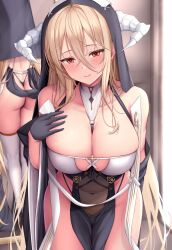 1girls azur_lane black_gloves blonde_hair blush cleavage female female_only gloves horns huge_breasts implacable_(azur_lane) light-skinned_female light_skin looking_at_viewer melopun mirror nun red_eyes royal_navy_(azur_lane) seductive smile solo