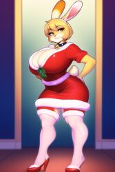 1girls 2022 ai_generated anthro bell_collar big_breasts blonde_hair breasts_bigger_than_head breasts_bigger_than_torso bunny_ears bunny_girl bunny_tail christmas christmas_outfit collar doorway female_anthro female_only fishnets fur_trim furry furry_only hands_on_hips high_heels large_breasts milf mistletoe novelai rabbit rabbit_ears red_clothing santa_costume short_hair short_skirt solo_focus stable_diffusion tights white_fishnets white_tights yellow_eyes yellow_fur