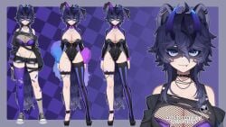 1girls alternate_breast_size alternate_costume animal_ears asymmetrical_legwear bandage bandaged_leg big_breasts bikini black_hair blue_eyes blue_hair boa_(clothing) bowtie breasts bunny_girl bunnysuit chains character_name character_sheet cleavage clothing crotch_zipper dark_blue_hair ear_piercing earclip fake_animal_ears fake_rabbit_ears female fingerless_gloves fishnet_fabric fishnet_top fishnets footwear full_body gloves goth gothic hair_between_eyes heart heart_tattoo highleg highleg_leotard huge_breasts human humanoid indie_virtual_youtuber jacket large_breasts latex leather legwear leotard looking_at_viewer midriff mismatched_legwear nanoless navel official_art open_clothes open_jacket outerwear pale_skin piercing playboy_bunny playing_card punk purple_bra raccoon raccoon_ears raccoon_girl raccoon_tail racoon_girl red_gloves short_hair shrug_(clothing) smug snuffy standing stomach streetwear tail thighhighs thong_straps torn_clothes underwear virtual_youtuber vtuber zipper