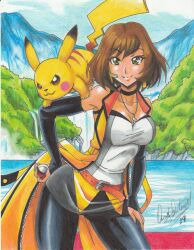 2022 alyssa_(pokemon) big_breasts brown_hair cleavage female female_focus green_eyes hand_drawn hourglass_figure nintendo pikachu pokemon pokken_tournament ravern_clouk voluptuous voluptuous_female wide_hips