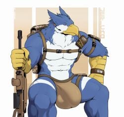 abs anthro avian beak biceps big_bulge bulge clothed clothing corrsk digital_media_(artwork) feathers gryphon gun hi_res holding_object holding_weapon jericko_(germanshepherd69) male muscular muscular_anthro muscular_male mythological_avian mythology pecs ranged_weapon rifle simple_background solo underwear weapon