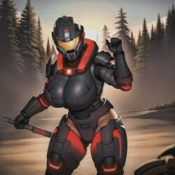 1girls ai_generated armor audiostick breasts detailed_background female gloves halo_(game) halo_(series) halo_reach helmet huge_breasts large_breasts mountain power_armor spartan_(halo) stable_diffusion thick_thighs trees visor wide_hips