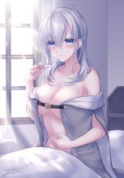 ahoge bed blanket blush breasts female grey_hair highres jewelry kabocha_torute kantai_collection lap_pillow long_hair looking_at_viewer medium_breasts nude pregnancy_test ring solo suzutsuki_(kantai_collection) wedding_ring window