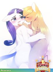 anthro applejack_(mlp) aruurara ass blonde_hair blue_eyes blush breasts doxy equine female friendship_is_magic hair horn horse my_little_pony nipples pony purple_hair rarity_(mlp) sideboob smooth_skin unicorn yuri