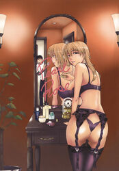 ass blonde_hair blush breasts chest_of_drawers clock dresser female garter_belt highres jewelry large_breasts long_hair milf mirror thighhighs