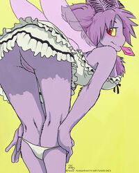 2010 amara_telgemeier anthro ass bent_over breasts chest_tuft chimangetsu condom condom_in_mouth female furry insect looking_at_viewer moth panties presenting presenting_hindquarters purple_skin pussy skimpy solo underwear undressing upskirt wings