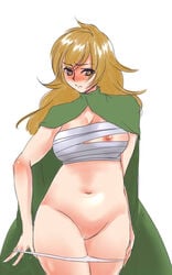 blonde_hair blush breasts brown_eyes cape female final_fantasy final_fantasy_tactics long_hair midriff milleuda_folles miluda_folles nipple_slip nipples panties panties_down panty_pull pussy sanokeito sarashi solo underwear white_panties